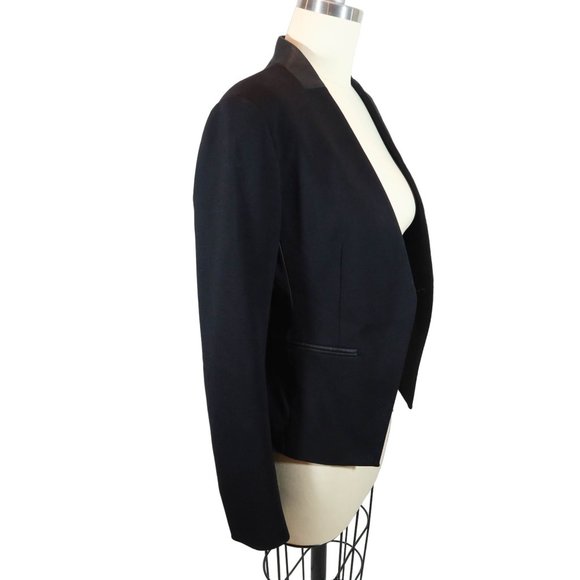 THEORY Black Open Front Lanai Blazer w/ Goat Skin Leather Trim Size 00 - Picture 2 of 9